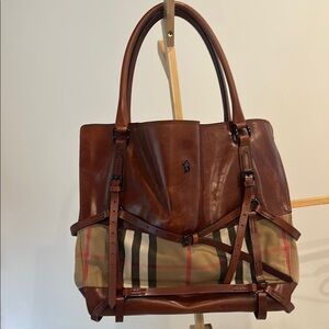 Burberry Leather Tote with Plaid Accents